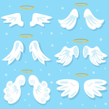 Cute angel wings. Cartoon vector set on blue background.