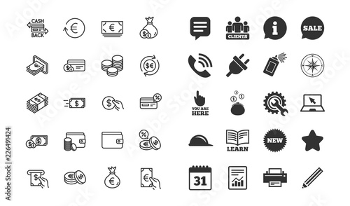Money Line Icons Set Of Credit Card Cash And Coins Signs - 