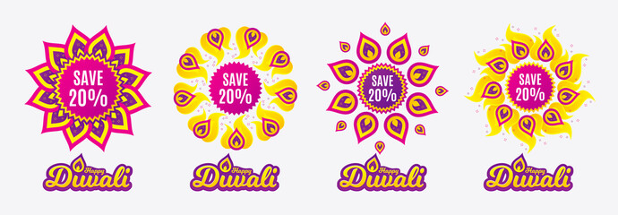 Diwali sales banners. Save 20% off. Sale Discount offer price sign. Special offer symbol. Diwali hindu festival of lights. Shopping tags. Vector