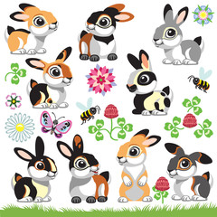 set of cartoon bunny rabbit in different colors . Collection of isolated vector illustrations  for little kids