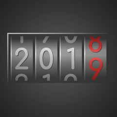 Analog counter of New Year 2019 on black background. Vector illustration.