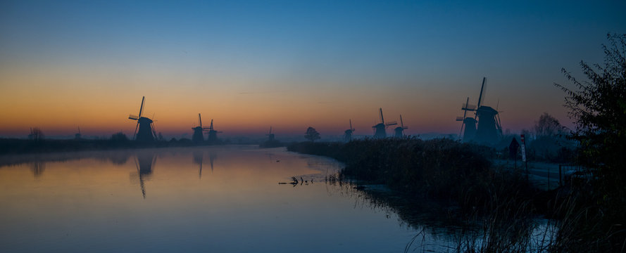 mills of kinderdijk in morning light
