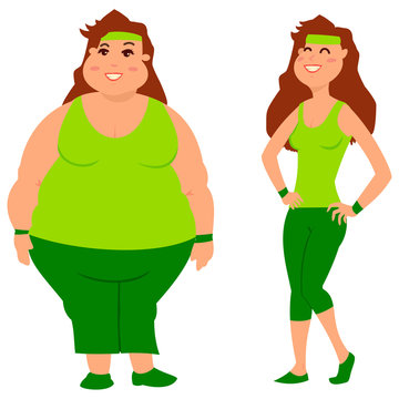 Fat and slim woman before and after weight loss. Diet, sport and fitness. Cartoon vector illustration on a white background.