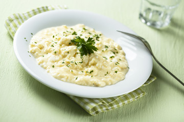 Homemade scrambled eggs with parsley