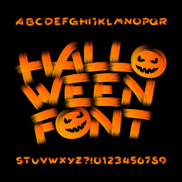 Halloween alphabet font. Brushstroke letters and numbers. Vector hand drawn typography for your design.
