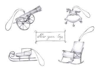 Pencil drawing illustration. New year and christmas toys.