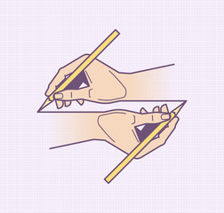 Creative Drawing. Two human hands holding a pencils and drawing itself. Vector illustration on the subject of 'Professions'.