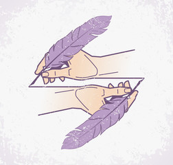 Creative Writing. Two human hands holding old-fashioned feather pencils / quill pens and drawing itself. Vector illustration on the subject of 'Professions'.