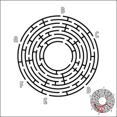 Abstract round maze. Game for kids. Children's puzzle. Six entrances, one exit. Labyrinth conundrum. Simple flat vector illustration isolated on white background. With the answer.