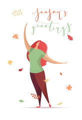 Obraz na płótnie Canvas Vector flat illustration of dancing woman in falling leaves.