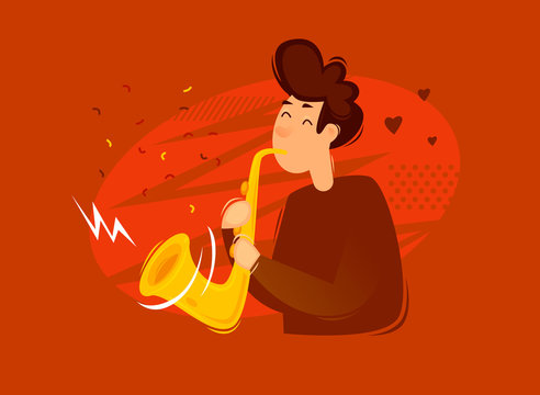 Jazz man playing saxophone. Flat design vector illustration