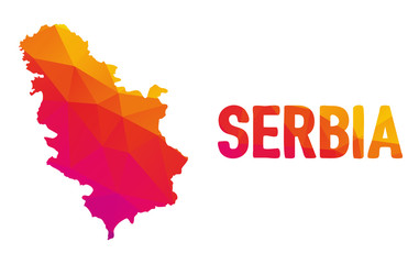 Low polygonal map of the Republic of Serbia (Republika Srbija) also Serbia (Srbija) with sign Serbia, both in warm colors;  country at Southeast Europe in the Pannonian Plain and the central Balkans