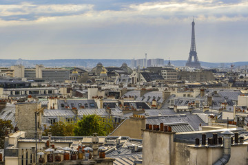 Naklejka premium The roofs of Paris and its chimneys under a clouds sky