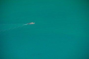 Aerial view of a ship in Brienz lake, Switzerland