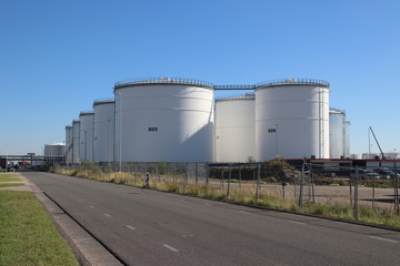 Tanks and pipes in the chemical industries in the Botlek Harbor in Rotterdam.