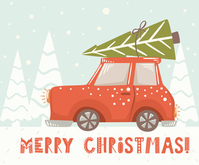 Christmas car with fir tree scandinavian card. New year delivery.