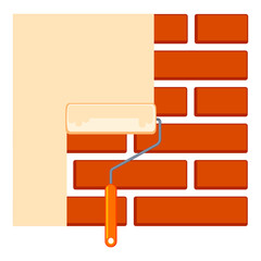 Colorful cartoon paint roller on brick wall