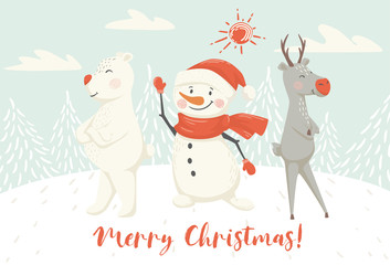 Fototapeta premium Christmas reindeer, snowman and bear scandinavian card. New year greeting