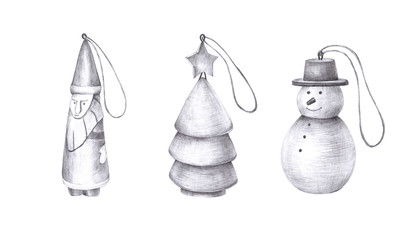 Pencil drawing illustration. New year and christmas wooden toys.