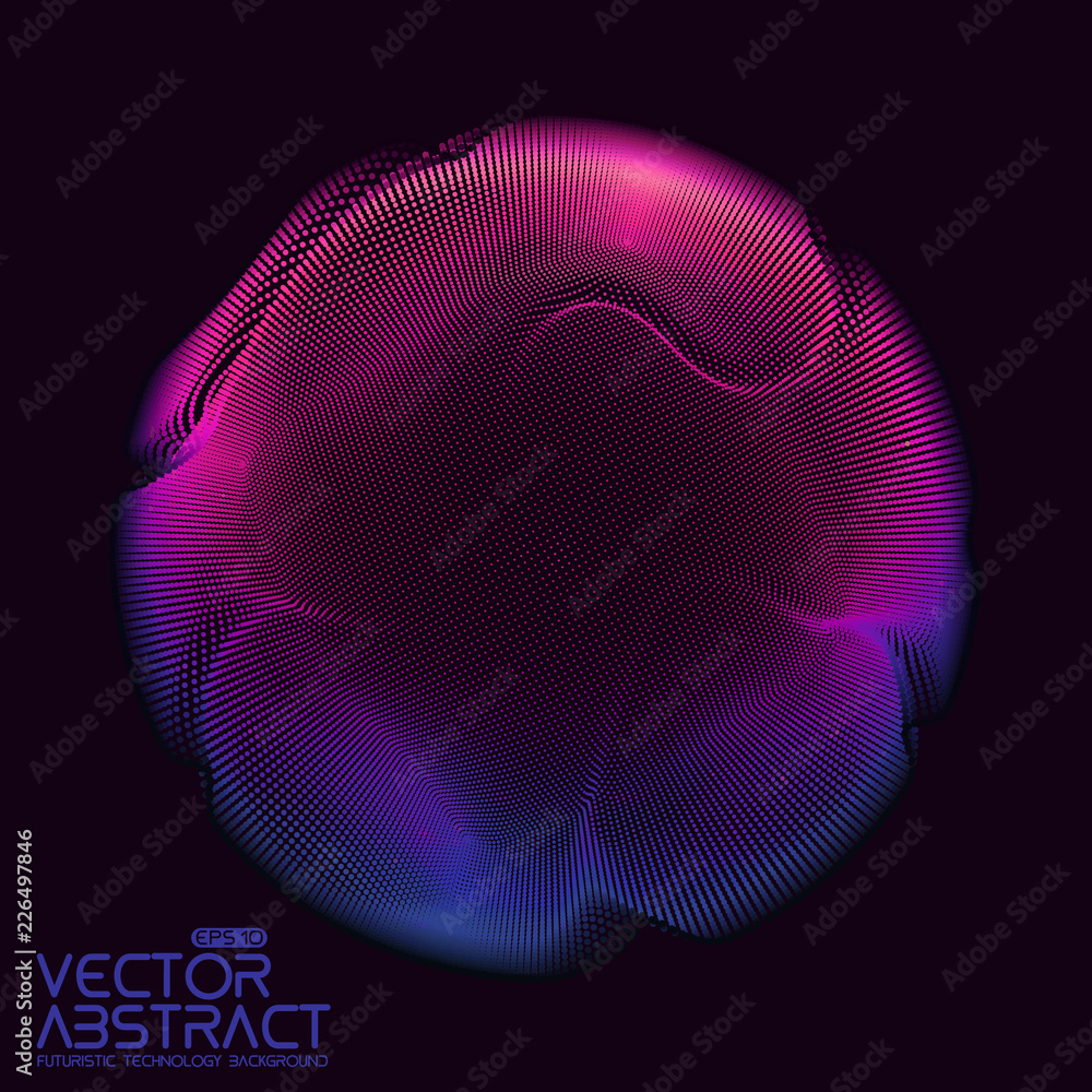 Poster Vector abstract sphere of particles, points array. Futuristic vector illustration. Technology digital splash or explosion of data points. Spherical waveform. Cyber UI or HUD element.