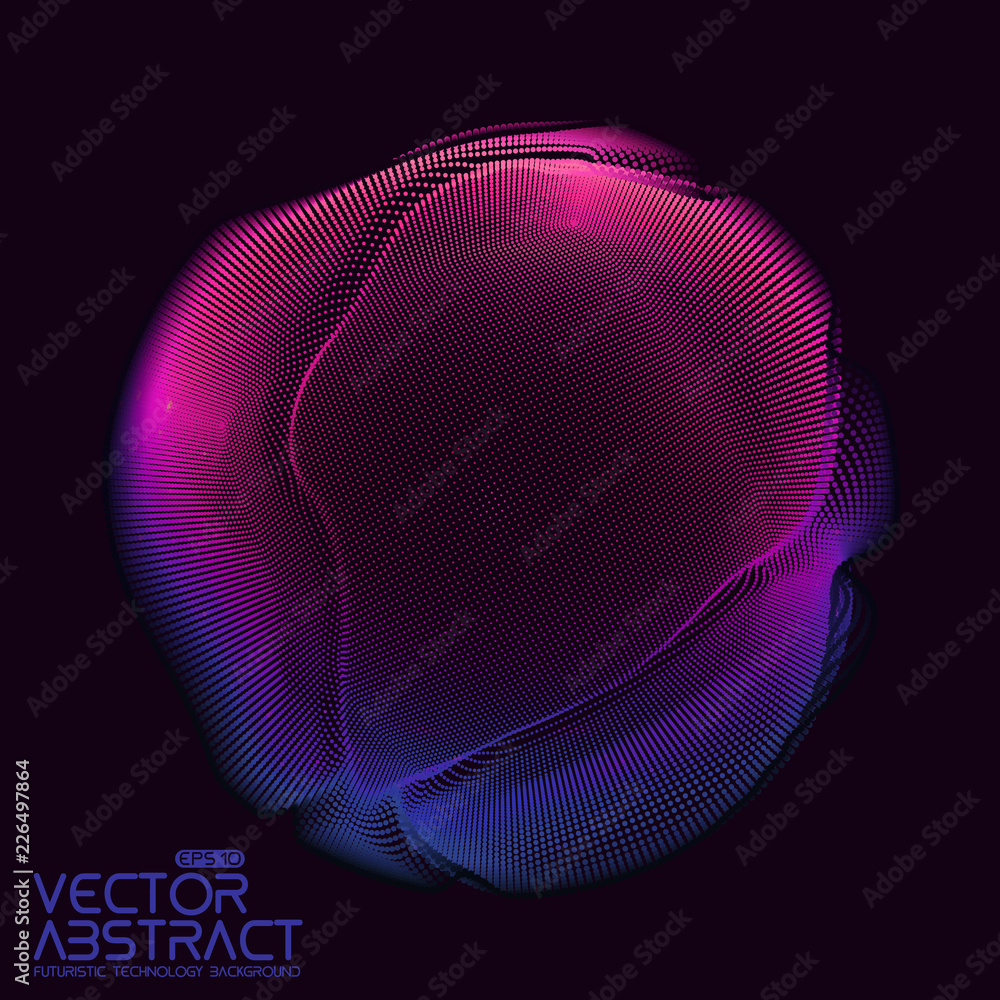 Poster Vector abstract sphere of particles, points array. Futuristic vector illustration. Technology digital splash or explosion of data points. Spherical waveform. Cyber UI or HUD element.