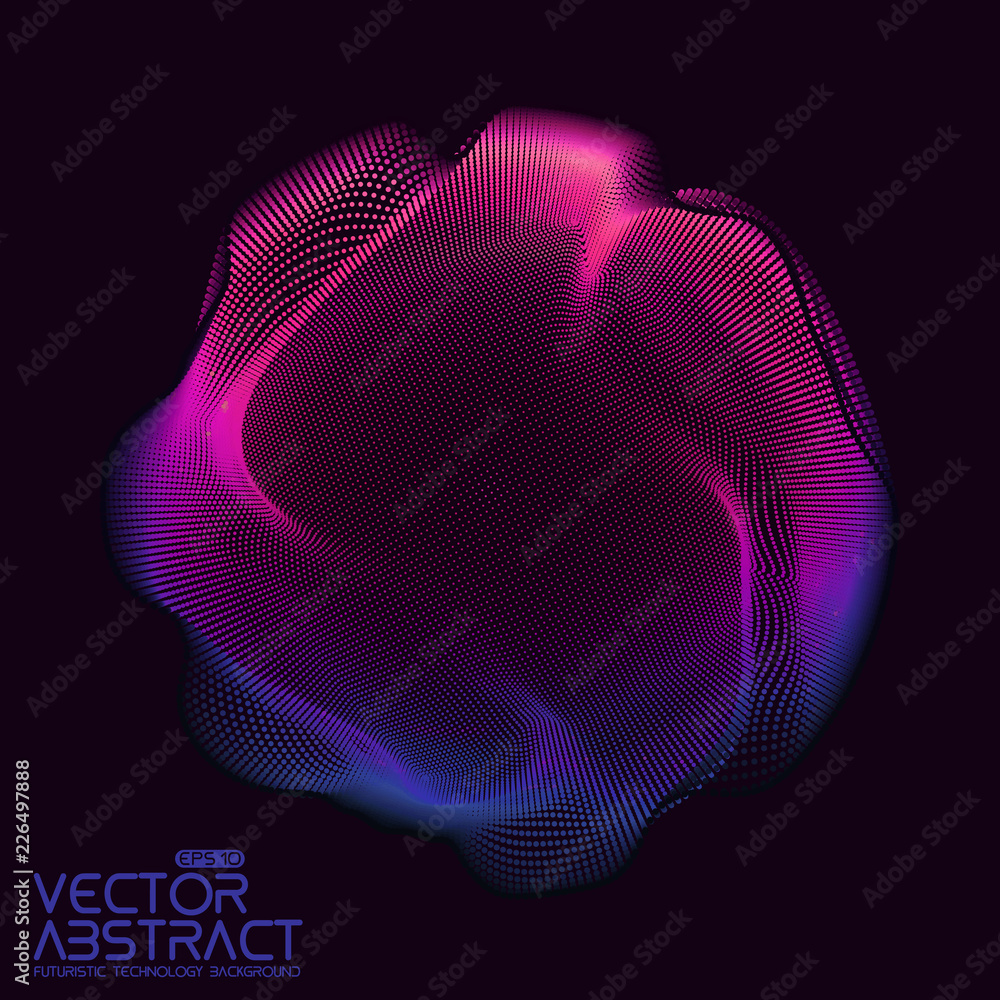 Poster Vector abstract sphere of particles, points array. Futuristic vector illustration. Technology digital splash or explosion of data points. Spherical waveform. Cyber UI or HUD element.