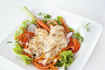 Chicken salad in white dish on table, light in the morning