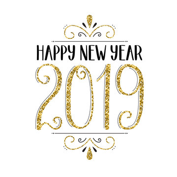 HAPPY NEW YEAR 2019 hand-lettered card in gold and black