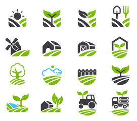 Fototapeta Green fields icon. Agricultural non-chemical farming and friendly environment. obraz