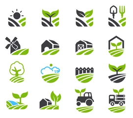 Deurstickers Green fields icon. Agricultural non-chemical farming and friendly environment. © jattumongkhon