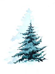 Fototapeta premium Watercolor hand drawn illustration with Winter Forest. Winter Landscape with Christmas trees. Christmas card