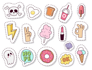 Hipster patches elements hand drawn cute fashionable stickers doodle pop art sketch pins and comic badges vector ilustration.