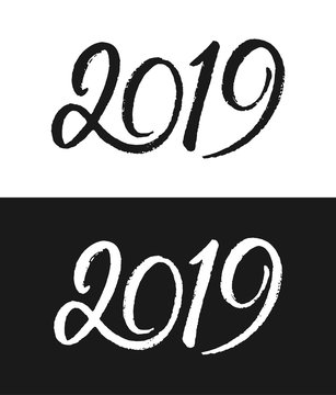 Happy New Year 2019 greeting card template. Handwritten calligraphy number isolated on black and white backgrounds. Vector illustration for chinese year of the pig.