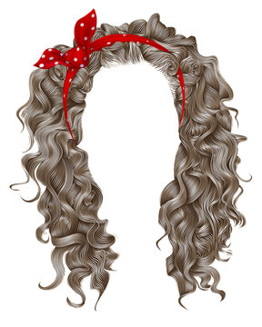 long curly hairs  with red bow. light blond  colors .beauty fashion style .