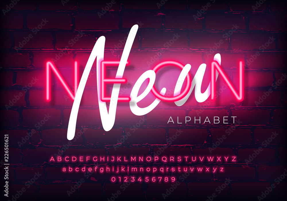 Poster new modern neon set glowing alphabet with numbers. isolated luminescent font on brick wall backgroun