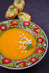 Roasted Pumpkin Soup with Blue Cheese and Garlic Butter Toasts. Butternut Squash Soup. vegetarian dish. vertical