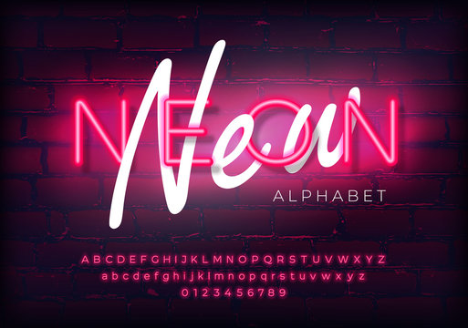 New modern neon set glowing alphabet with numbers. Isolated luminescent font on brick wall background. Vector illustration