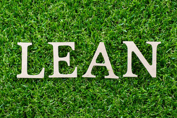 Wood letter in word lean on artificial green grass background