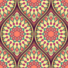 Seamless pattern with ethnic mandala ornament. Hand drawn illustration