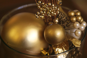 Christmas golden spheres and decorations.