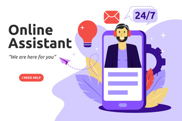 Customer and operator, online technical support concept. Male hotline operator advises client. Vector illustration