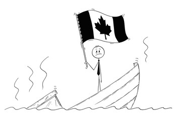 Cartoon stick drawing conceptual illustration of politician standing depressed on sinking boat waving the flag of Canada.