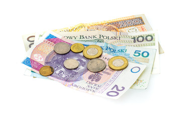 Polish zloty banknotes, money, currency of Poland isolated on white.