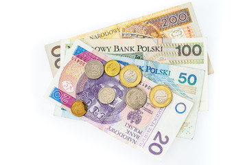 Polish zloty banknotes, money, currency of Poland isolated on white.