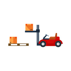 Forklift trucks with cargo, cargo unloading, vector illustration.
