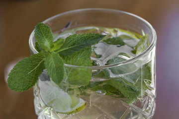 Cocktail with vodka, mint and lemon in glass on the bar