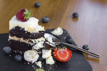 Chocolate Cake made with white and dark chocolate, fruits and coconut