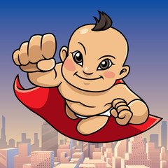 Illustration of super baby smiling while flying over city.