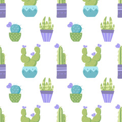 Pattern cute cartoon cactus and succulent. For postcards and backgrounds.