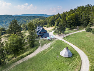 Bacowka nad Wierchomla aerial view with mountain panorama